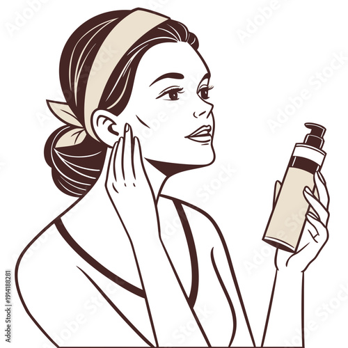Woman applying cream from beige bottle to face