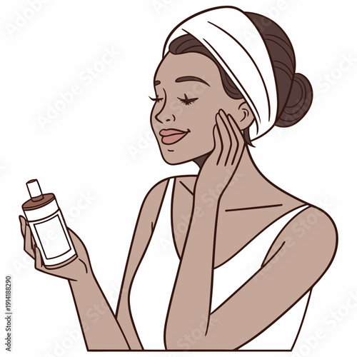 Woman applying skincare product to face with towel on head