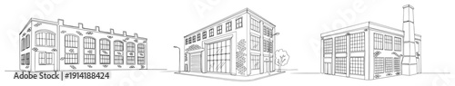 Collection of industrial warehouse and commercial factory building sketches in hand drawn line art style
