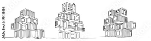 Set of modular shipping container house concepts and creative architectural structures in line art style