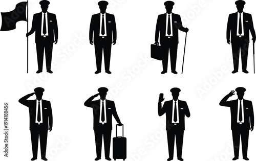 Chauffeur and driver silhouette set with flag salute suitcase and cane, professional transport service uniformed staff icons isolated on white background
