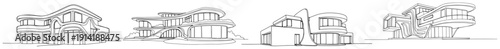 Set of futuristic luxury villa elevations with organic shapes in modern architectural line art