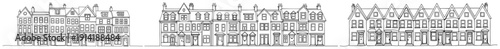 Collection of traditional European terraced townhouse facades in minimalist line art style