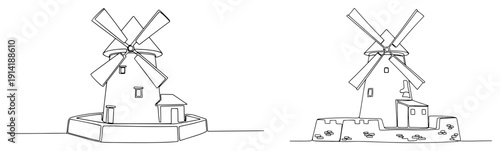 Continuous line drawing of traditional rural windmills on stone bases