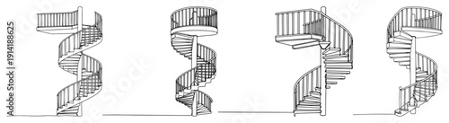 Set of spiral staircase designs in minimalist architectural line art sketch style