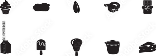 Black silhouette food and drink icon set. Includes ice cream, sushi, coffee, donut, wine, beer, bottle, bulb, bucket, car. Created in solid black style.