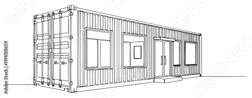 Continuous line drawing of a shipping container converted into a modern tiny house