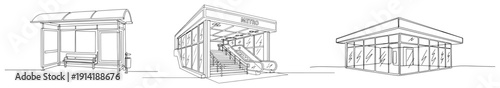 Set of urban public transport infrastructure including bus stop and metro entrance