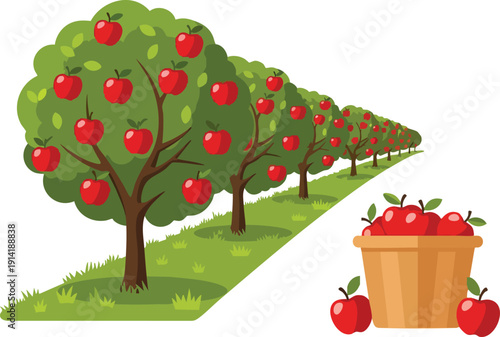 Orchard of ripe red apples with a basket full of freshly harvested fruit, symbolizing abundance and the bounty of nature