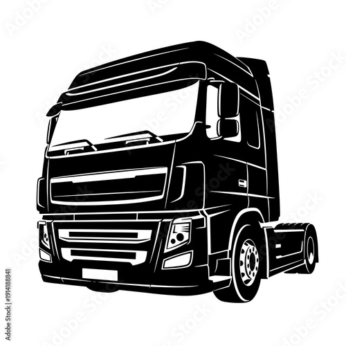 Modern Semi Truck Cab, Black and White Heavy Duty Transport Vector Illustration