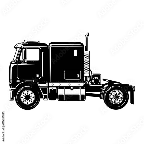 Semi Truck Tractor Unit Side Profile, Black and White Cab Truck Vector Illustration