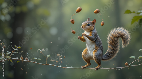 A squirrel juggling acorns while balancing on a tightrope