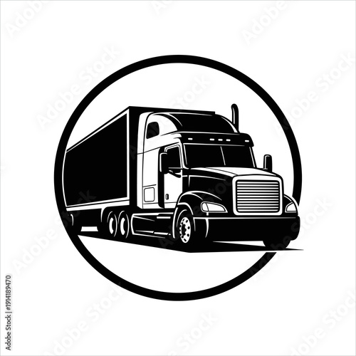 Semi Truck Logo in Circle Frame, Black and White Freight Transport Emblem Vector Illustration