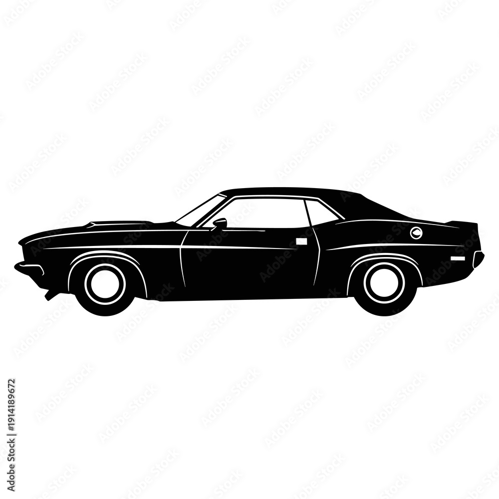 Obraz premium Classic Muscle Car Side Silhouette, Black and White Vintage American Coupe Vector Illustration