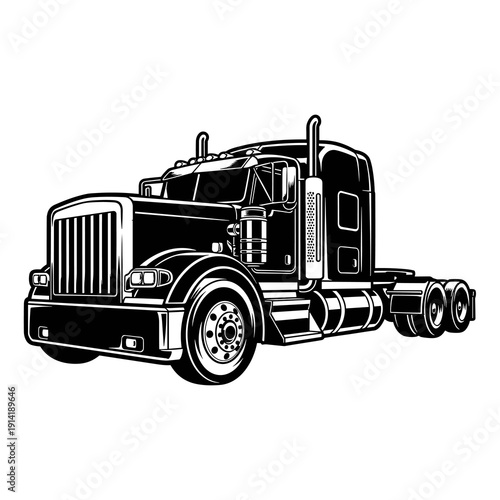American Semi Truck Tractor Unit, Black and White Heavy Duty Haulage Vector Illustration