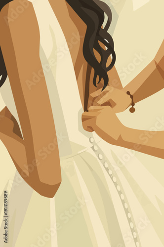 Bridesmaid Helping a Bride Fasten Her Wedding Dress