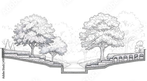 A black and white drawing of two trees on either side of a bridge