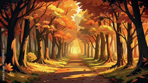 Serene Autumn Path Through Golden Beech Trees