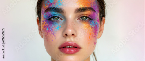 Vibrant face art showcases an explosion of colors at a creative makeup event in a bright studio setting