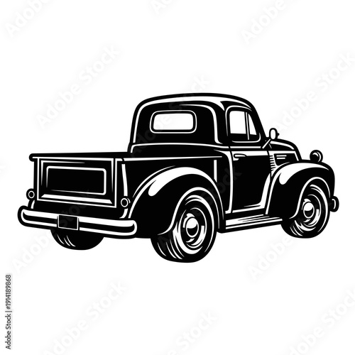 Vintage Pickup Truck Rear View, Black and White Classic Utility Vehicle Vector Illustration