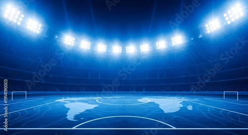 Illuminated sports arena floor with world map overlay under bright stadium lights global competition concept