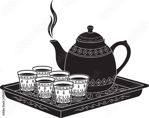 Traditional middle eastern tea set on tray illustration with steaming teapot and ornate glasses for ramadan celebration culture and hospitality scene