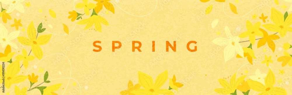 Αυτοκόλλητο Spring bright horizontal banner with cute yellow forsythia