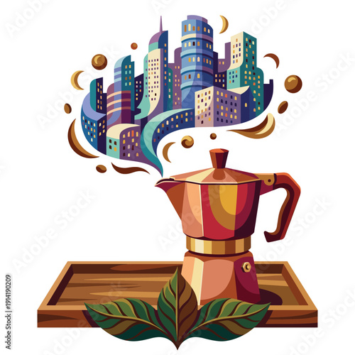 Retro moka pot coffee maker on wooden tray, surreal city skyline rising from aroma stream, warm cafe fantasy scene, urban morning caffeine mood, imaginative espresso culture icon