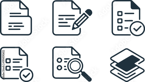 Paper Document Icon Set – File, Folded Page and Written Sheet Line Symbol Vector Illustration