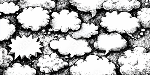 A surreal landscape of floating speech bubbles in a dreamlike setting. 2026
