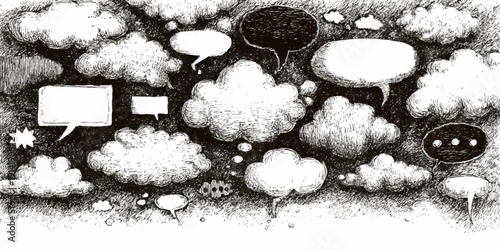 A surreal landscape of floating speech bubbles in a dreamlike setting.
