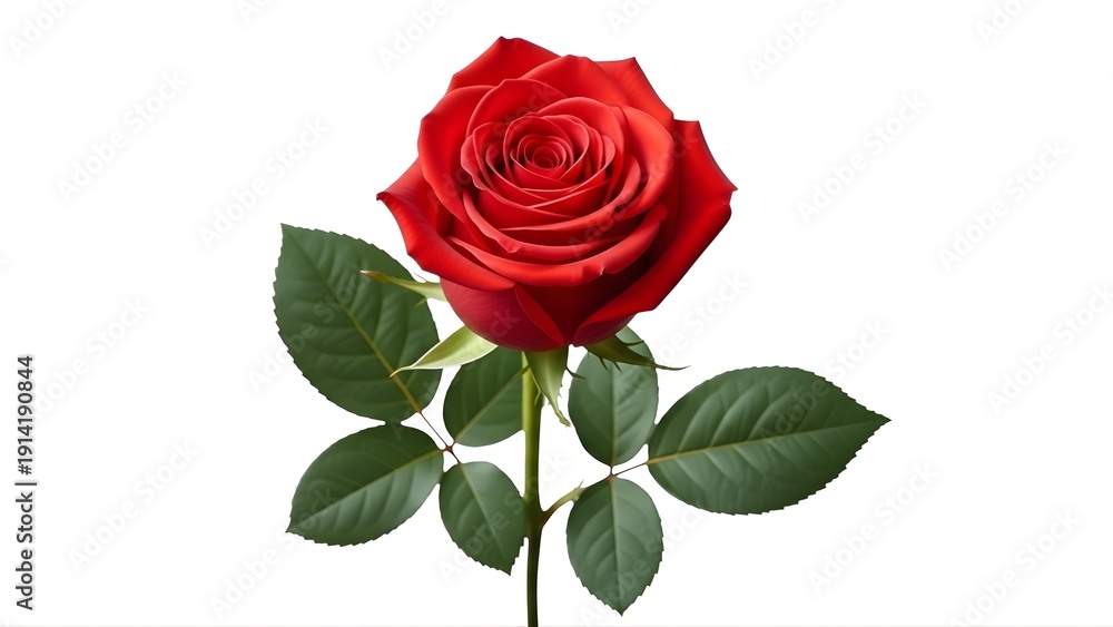 Fototapeta premium A single red rose with green leaves on transparent background