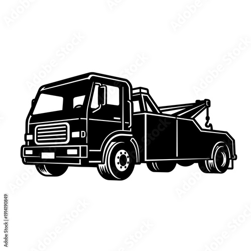 Tow Truck Wrecker Vehicle Side View, Black and White Roadside Recovery Vector Illustration
