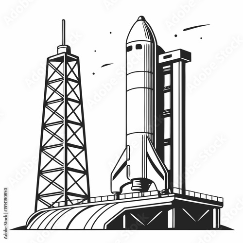 Black and white of a rocket on a launchpad space line space exploration