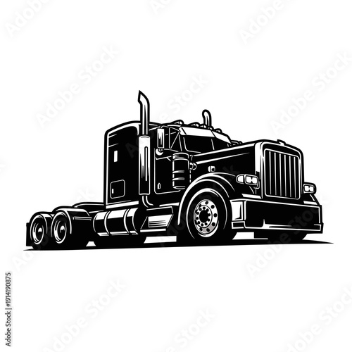 American Semi Truck Tractor Unit Side View, Black and White Heavy Duty Haulage Vector Illustration