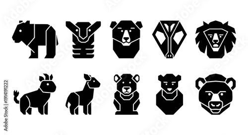 Black silhouettes of animals, geometric shapes, bear, lobster, goat, deer