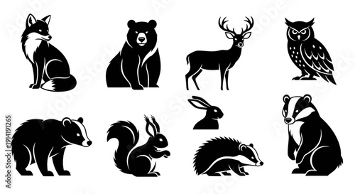Black and White Animal Silhouettes, Fox, Bear, Badger, Squirrel