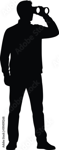 Silhouette of a man looking through binoculars, symbolizing vision, exploration, discovery, and future planning in a minimalist vector graphic.