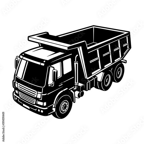 Dump Truck Tipper Lorry, Black and White Construction Hauling Vehicle Vector Illustration