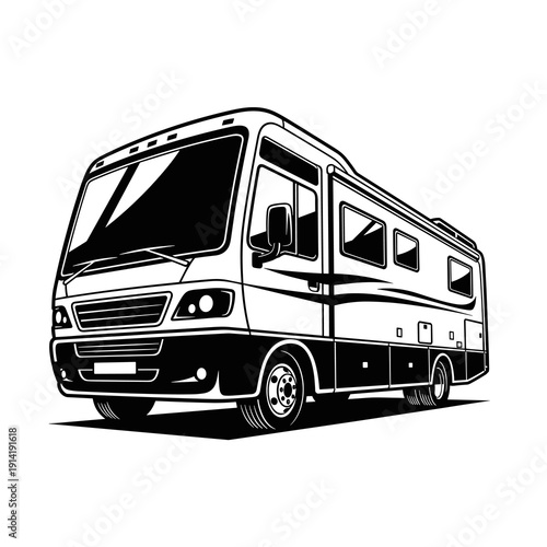 Motorhome RV Camper Vehicle, Black and White Travel Campervan Vector Illustration