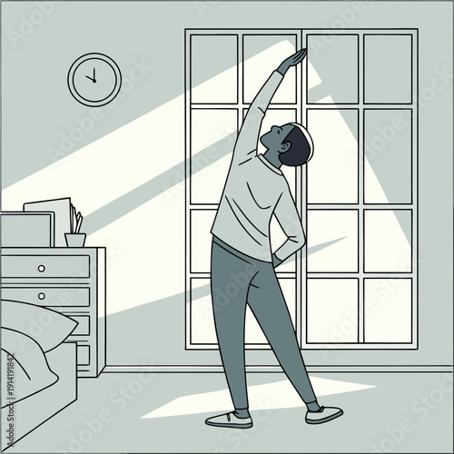 Man performs a gentle morning stretch near a window, embracing the start of the day with peaceful movement, promoting wellness and a serene lifestyle.