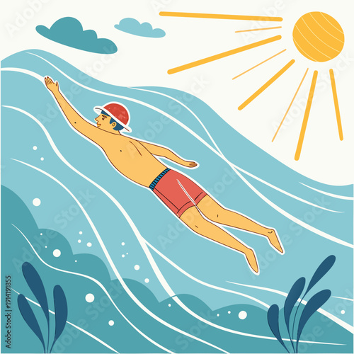 Man enjoys swimming in clear ocean water, capturing the essence of a vibrant summer lifestyle, adventure, and the refreshing beauty of the sea.