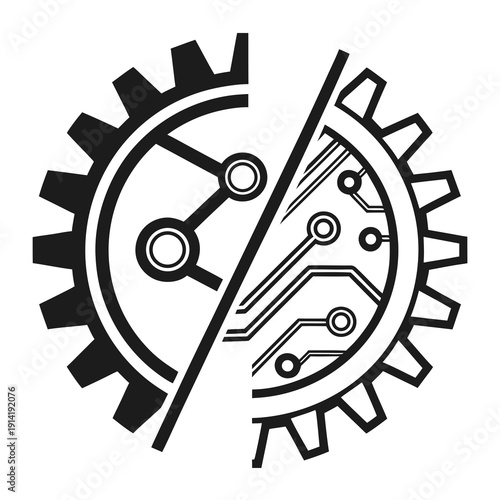 Mechanical gear integrated with digital circuit board, engineering and technology fusion logo.