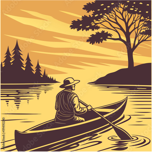 Solitary canoe paddler on calm water at sunset, vintage style landscape illustration.