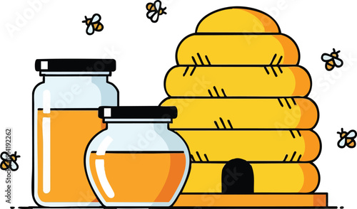 Honey Pot Illustration of a Beehive with Honey Jars and Bees, Representing Sweetness and Natural Goodness