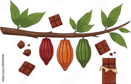 Cacao pods and chocolate bars on a branch, a natural and sweet inspiration for confectioneries and gourmet desserts