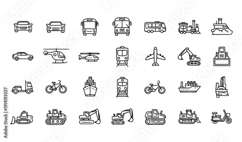 Transport Thin Line Vehicle Icon Set Vector