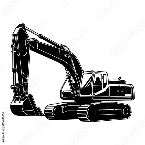 фотографія Black and white vector excavator silhouette, tracked hydraulic digger constructi