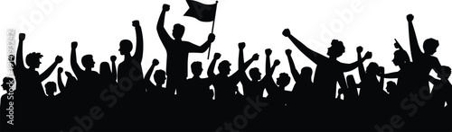 Silhouette of a cheering crowd with raised hands and a flag during a protest, concert, or sports event, vector illustration.
