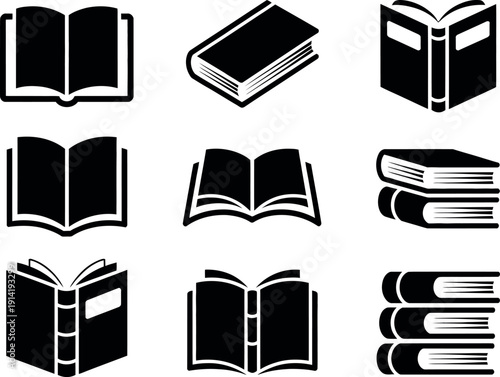 A collection of black and white book icons on a plain white background